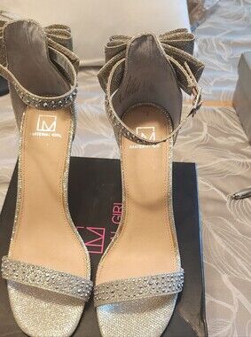 Material Girl Gold Glitter Rhinestone Ankle-Strap Heels with Bow